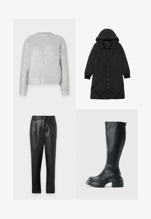 Sort quiltet pufferjakke med hætte, med lynlåslukning, sidelommer og elastiske manchetter. Glat, vandafvisende stof.; Sølvstrikket sweater med en struktureret, ribbet design, rund halsudskæring og lange ærmer. Stoflets finish er skinnende og refleksiv.; Sorte læderbukser med en glat tekstur, lige pasform, elastisk talje og en lynlåslukning foran; plisserede detaljer og tætsiddende ben.; Høj sort læderstøvle med kraftig platformssål og blokhæl, med trækstrop og tekstureret sål.