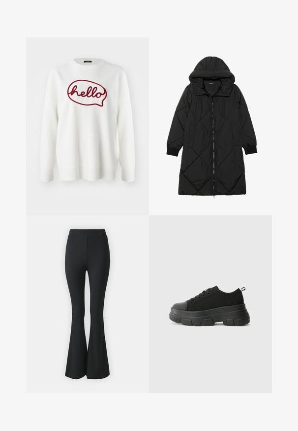 Manteau matelassé noir avec capuche, doté d'une fermeture éclair, de poches latérales et de poignets élastiques. Tissu lisse et résistant à l'eau.; Pull blanc avec un motif de bulle de dialogue rouge brodé contenant le mot "bonjour". Encolure ras du cou simple et finitions côtelées aux poignets et à l'ourlet.; Pantalons noirs évasés en tissu extensible. Présentent une taille haute et un design lisse et ajusté qui s'évase à partir du genou.; Baskets noires avec une semelle en caoutchouc épaisse, un dessus en tissu texturé, un bout rond et un design à lacets. Présente des œillets renforcés et une languette à l'arrière.