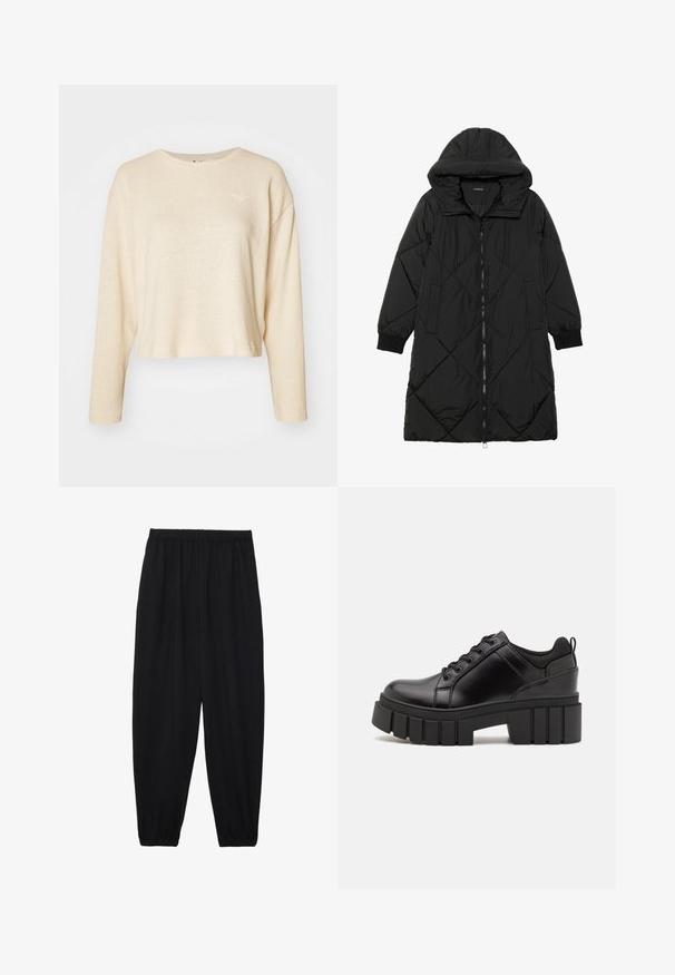 Zwarte gewatteerde pufferjas met een capuchon, voorzien van een ritssluiting, zijzakken en elastische manchetten. Glad, waterafstotend materiaal.; Crèmewit cropped sweater met lange mouwen, gemaakt van geprofileerde stof. Heeft een klein, subtiel logo op de borst en een ronde halslijn.; Zwarte, lichte broek met een elastische tailleband en gathered enkels. De stof is glad en heeft een ontspannen, taps toelopend ontwerp.; Zwarte leren platform schoenen met een stevige blokhak, ronde neus en een traditionele vetersluiting. Kenmerkt zich door een gladde textuur en minimale details.