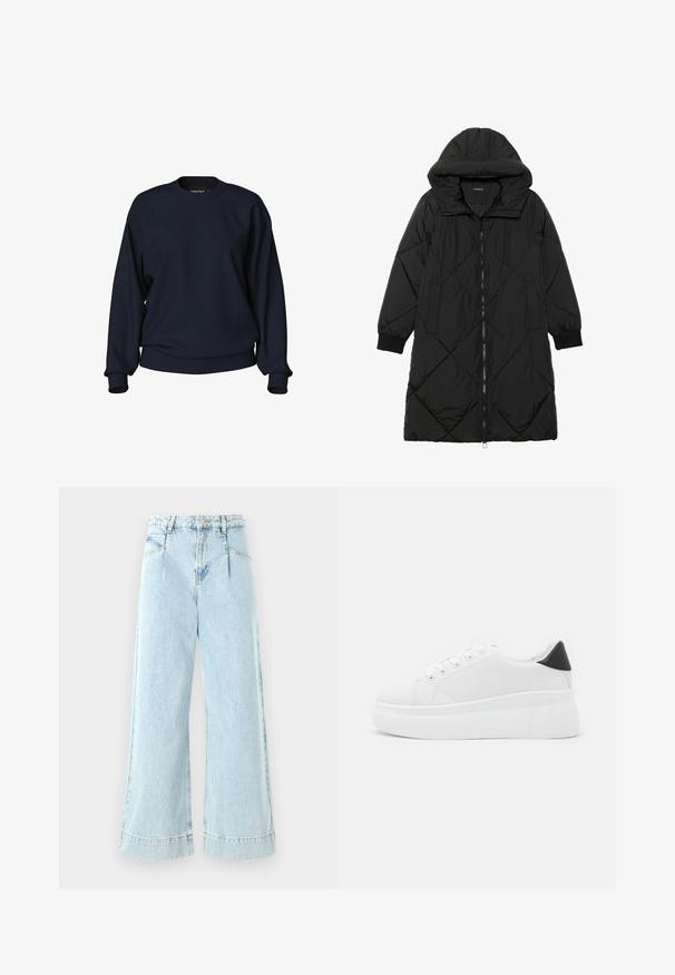 Black quilted puffer coat with a hood, featuring a zip closure, side pockets, and elastic cuffs. Smooth, water-resistant fabric.; Navy blue sweatshirt with a crew neck, long sleeves, ribbed cuffs, and waistband. Smooth texture with no visible patterns or hardware.; Light blue wide-leg jeans made of denim, featuring a high waist, front pockets, and stitched accents at the hem.; White platform sneakers made of smooth synthetic material, featuring a rounded toe, lace-up design, and a textured rubber sole. Black heel accent.