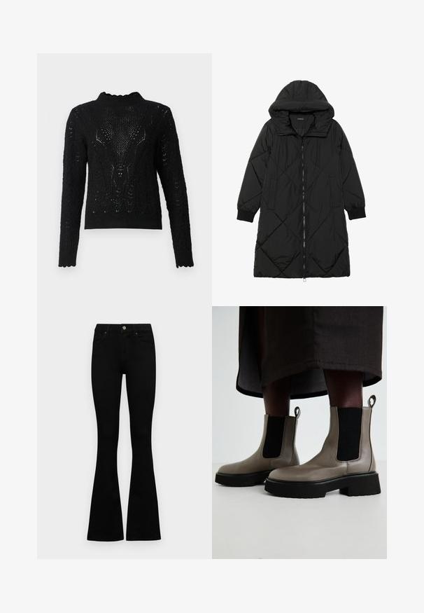 Cappotto imbottito nero trapuntato con cappuccio, caratterizzato da chiusura con zip, tasche laterali e polsini elastici. Tessuto liscio e resistente all'acqua.; Maglione nero a maglia con colletto alto, caratterizzato da un motivo testurizzato e un orlo ondulato. Maniche lunghe con dettagli intricati.; Jeans neri a vita alta con chiusura a bottoni e zip, tasche frontali e gambali svasati, distesi su uno sfondo bianco.; Stivaletti grigi alla caviglia realizzati in pelle testurizzata con pannelli laterali elastici e una suola nera spessa. Presentano dei tiranti per una facile calzata.