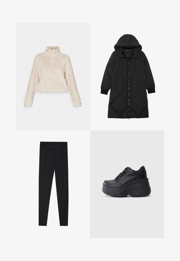 Abrigo acolchado negro con capucha, que cuenta con cierre de cremallera, bolsillos laterales y puños elásticos. Fabricado con un tejido liso y resistente al agua.; Sudadera de forro polar con media cremallera en color beige claro, que cuenta con un cuello alto, mangas largas y un dobladillo con cordón. Tejido blando y texturizado.; Leggings negros con una textura suave, talle alto y detalles de costura a lo largo de los lados. Diseño ajustado, adecuado para diversas actividades.; Zapatillas negras con cordones y suela gruesa, con parte superior de cuero suave, punta redondeada y un diseño de plataforma en capas distintivo.