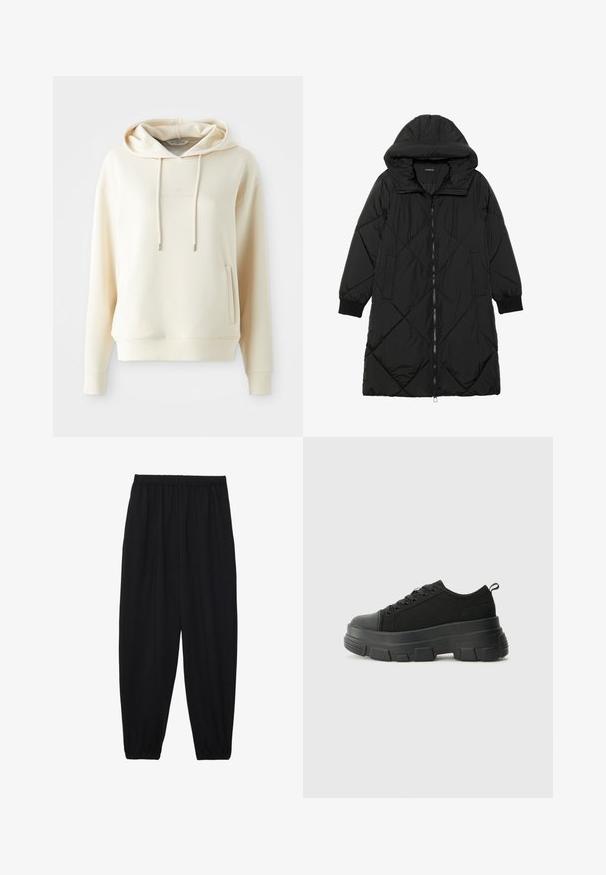 Cappotto imbottito nero trapuntato con cappuccio, caratterizzato da chiusura con zip, tasche laterali e polsini elastici. Tessuto liscio e resistente all'acqua.; Felpa di colore crema con tasca a marsupio frontale e lacci, presenta un logo testuale tonale in centro sul petto.; Pantaloni neri leggeri con vita elastica e caviglie arricciate. Il tessuto è liscio e presenta un design rilassato e affusolato.; Sneaker nere con suola in gomma spessa, superiore in tessuto testurizzato, punta rotonda e design con lacci. Presenta occhielli rinforzati e linguetta sul retro.