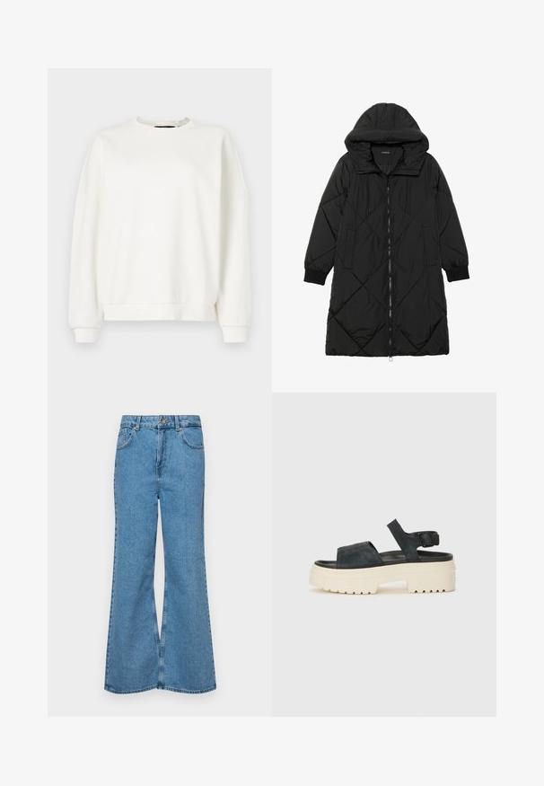 Zwarte gewatteerde pufferjas met een capuchon, voorzien van een ritssluiting, zijzakken en elastische manchetten. Glad, waterafstotend materiaal.; Witte sweatshirts met een ronde halslijn, opgezette schouders en elastische manchetten, gemaakt van een zachte, lichte stof met een gladde textuur.; Lichtblauwe flared jeans van denim, met een hoge taille, vijf zakken en een enkele knoopsluiting. Zachte textuur met een vervaagde afwerking.; Zwarte suède platform sandaal met een chunky witte zool, brede voorband en verstelbare enkelgesp. Geprofileerde zool voor grip.