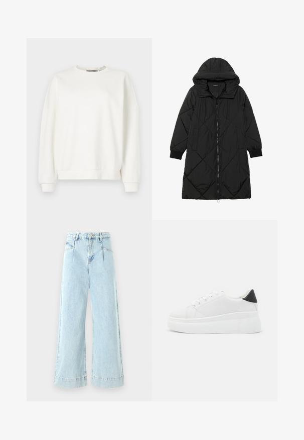 Svart quiltet puffjakke med hette, med glidelås, sidelommer og elastiske mansjetter. Glatt, vannavvisende stoff.; Hvit hettegenser med rund halsutskjæring, senkede skuldre og elastiske mansjetter, laget av myk, lett stoff med en glatt tekstur.; Lyseblå vide jeans laget av denim, med høy midje, frontlommer og sømmer i kanten.; Hvite plattform sneakers laget av glatt syntetisk materiale, med rund tå, snøring og en strukturert gummisåle. Svart hæl akcent.