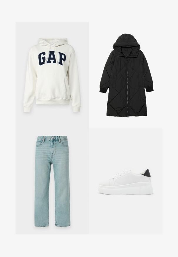 Schwarze, gesteppten Puffermantel mit Kapuze, ausgestattet mit einem Reißverschluss, seitlichen Taschen und elastischen Bündchen. Glattes, wasserabweisendes Material.; GAP HERITAGE - Sweatshirt - carls stone; Hellblaue weit geschnittene Jeans aus Denim, mit einem klassischen Fünf-Taschen-Design, klaren Linien und einem regulären Bund mit Knopfverschluss.; Weiße Plateausneaker aus glattem Kunstmaterial, mit runder Zehenform, Schnürdesign und einer strukturierten Gummisohle. Schwarzer Fersenakzent.