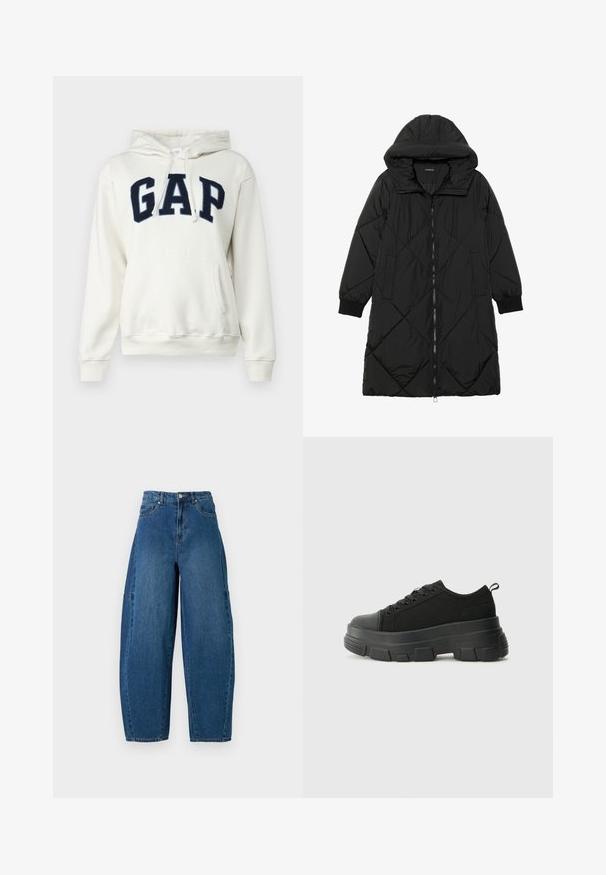 Black quilted puffer coat with a hood, featuring a zip closure, side pockets, and elastic cuffs. Smooth, water-resistant fabric.; GAP HERITAGE - Sweatshirt - carls stone; Denim jeans in a medium blue wash, featuring a high waist, wide leg cut, and standard five-pocket design with visible stitching details.; Black sneakers with a chunky rubber sole, textured fabric upper, round toe, and lace-up design. Features reinforced eyelets and back pull tab.