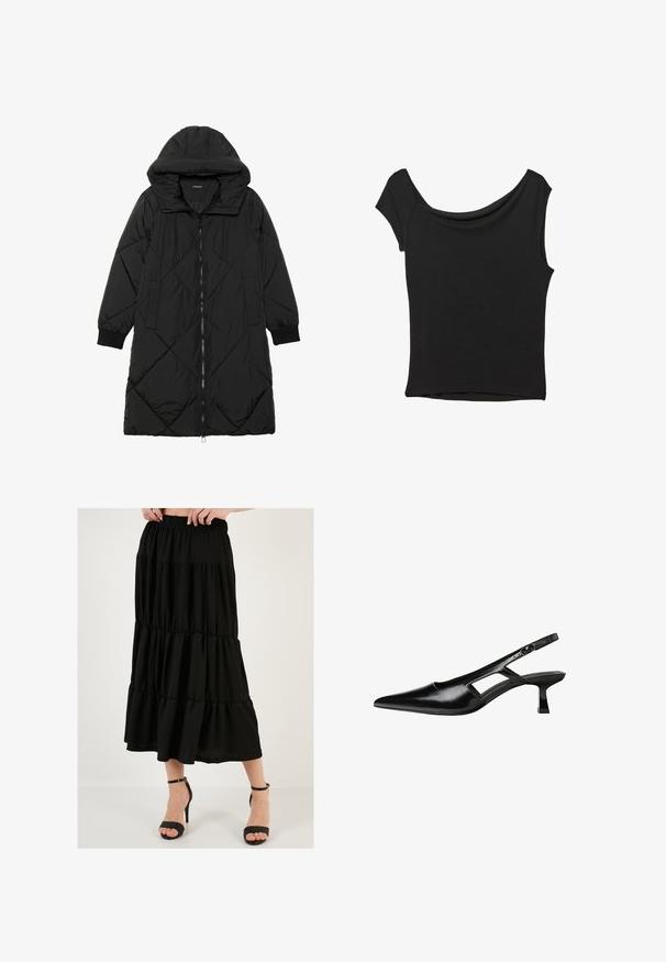 Cappotto imbottito nero trapuntato con cappuccio, caratterizzato da chiusura con zip, tasche laterali e polsini elastici. Tessuto liscio e resistente all'acqua.; Top nero a maniche corte realizzato in tessuto liscio; presenta un colletto drappeggiato e un orlo asimmetrico, con una vestibilità aderente.; Gonna maxi nera a strati con vita elastica, tessuto leggero e silhouette fluida, abbinata a sandali neri con tacco alto e cinturini.; Tacchi slingback in pelle verniciata nera con punta affusolata, design con tagli laterali e tacco quadrato piccolo. Texture liscia con dettagli minimi.