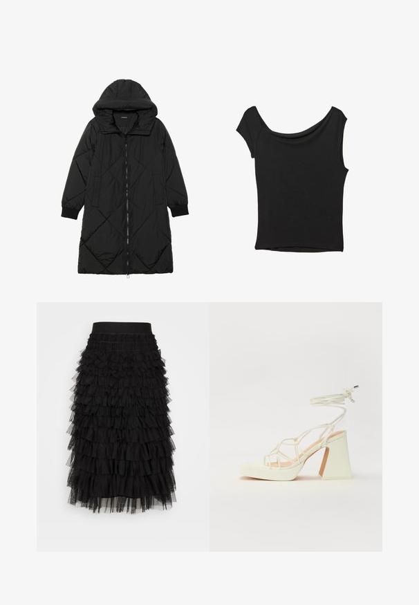 Sort quiltet pufferjakke med hætte, med lynlåslukning, sidelommer og elastiske manchetter. Glat, vandafvisende stof.; Sort kortærmet top lavet af glat stof; har en draperet halsudskæring og en asymmetrisk kant, med en tætsiddende pasform.; Sorte lagdelte nederdel med elastisk talje, flere lag af sammenfoldede flæser og en blød tyltekstur, der skaber volumen og bevægelse.; Hvide højhælede sandaler med en kraftig hæl, der har et stropdesign og ankelbinding. Glat tekstur med en platform foran for ekstra højde.