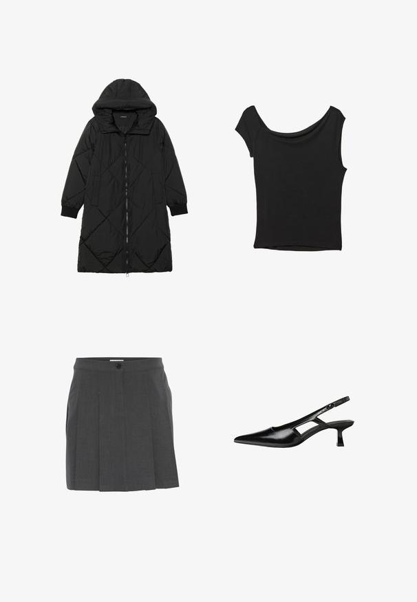 Črna prešita puffer jakna s kapuco, ki ima zadrgo, stranske žepe in elastične manšete. Gladek, vodoodporen material.; Črna kratka majica s kratkimi rokavi iz gladkega blaga; ima drapiran izrez in asimetrično spodnjo rob, s prilegnjenim telesom.; Siva plisirana krila z pasom, z sprednjo gumbno zaponko. Narejena iz teksturirane tkanine, zasnovana za prilagojen kroj.; Črne patentični usnjeni salonarji s slingback designom, z zašiljenim nosom, izrezanim stranskim dizajnom in majhnim kvadratnim peto. Gladka tekstura z minimalnimi detajli.