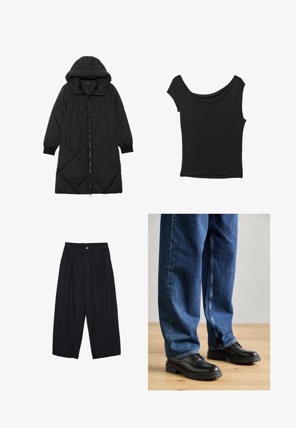 Schwarze, gesteppten Puffermantel mit Kapuze, ausgestattet mit einem Reißverschluss, seitlichen Taschen und elastischen Bündchen. Glattes, wasserabweisendes Material.; Schwarzes Kurzarmoberteil aus glattem Stoff; hat einen drapierten Ausschnitt und einen asymmetrischen Saum, mit einem figurbetonten Körper.; Schwarze Polyester-Culotte mit einem elastischen Bund, zwei vorderen Falten und einer lockeren Silhouette. Keine sichtbaren Muster oder Hardware-Details.; Schwarze Lederschuhe mit einer runden Zehenpartie, Schnürdesign und dicker, strukturierter Gummisohle, kombiniert mit lässig sitzenden blauen Jeans.