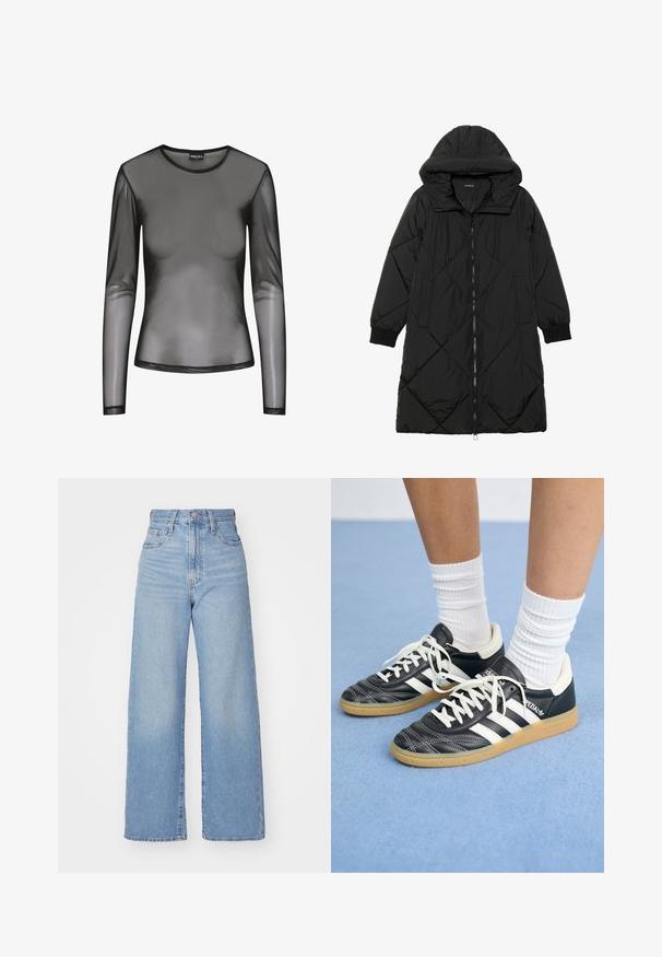 Black quilted puffer coat with a hood, featuring a zip closure, side pockets, and elastic cuffs. Smooth, water-resistant fabric.; Black long-sleeve mesh top with a round neckline, featuring sheer fabric and a fitted shape. Edges are finished with black stitching.; Light blue high-waist wide-leg jeans with front button and zip closure, front and back pockets, on a white background.; Black leather sneakers with white stripes, round toe, white laces, and gum rubber sole. Accentuated by padded collar and branding details.