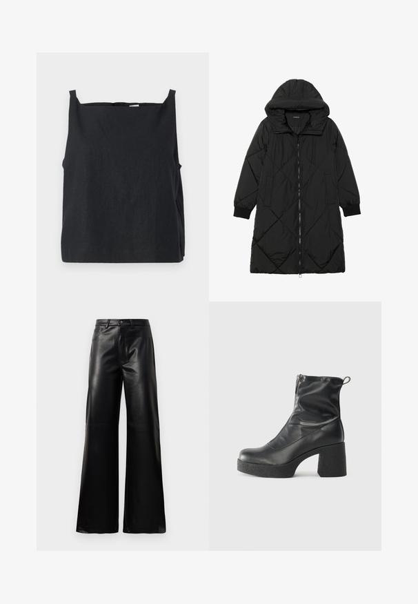 Must-havesinise mustris quiltitudis puffer jakk, millel on kapuuts, tõmblukk, küljetaskud ja elastsed varrukad. Sile, veekindel kangas.; Must värvi ilma varrukateta tipp, mis on valmistatud kergest kangast. Kastikujuline disain, ümmargune kaelus ja kitsad õlavarre rihmad. Sile tekstuur, minimaalne detailide arv.; Mustad talje laiad jalad kunstnahast püksid esipaneeli nööbi ja lukuga, vöödega ja küljetaskutega valge tausta peal.; Mustad mustad ansapüksid, mis on valmistatud siledast nahast, külje zipperiga, paksu tekstuuriga kontsaga ja ümmarguse nina disainiga.