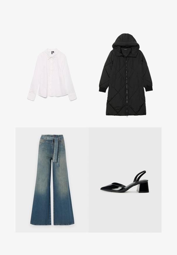 Cappotto imbottito nero trapuntato con cappuccio, caratterizzato da chiusura con zip, tasche laterali e polsini elastici. Tessuto liscio e resistente all'acqua.; Camicia bianca a maniche lunghe in cotone, con colletto classico, chiusura a bottoni sul davanti e una vestibilità leggermente rilassata. Tessuto liscio senza motivi.; Pantaloni in denim a gamba larga con una sfumatura che va dal blu chiaro al blu scuro, vita alta, passanti per cintura e una cintura in tessuto coordinato. Finitura in denim strutturato.; Décolleté in vernice nera con punta affusolata e tacco in geometria cubica. Presentano un design elegante e minimalista, con una texture liscia.