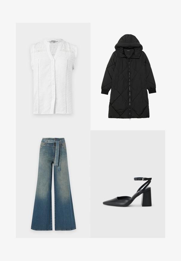 Melnas quiltētas pūkara mētelis ar kapuci, ar rāvējslēdzēja aizdari, sānu kabatām un elastīgām aprocēm. Gluda, ūdensizturīga auduma.; Balts bez piedurkm balts blūze ar pogu priekšpusi, strukturētu audumu, mežģīņu akcentiem un viļņotām plecu daļām. Ir klasiskā apkakle un smalkas rakstu detaļas.; Platām kājām džinsu bikses ar gaismas līdz tumši zilam gradientam, augstu jostas līniju, jostas cilpām un atbilstošu auduma jostu. Tekstūrēts džinsas apdare.; Melna ādas augstpapēžu kurpe ar norakstīto purngala formu, potītes siksniņu un masīlu papēdi. Gluda tekstūra, elegants dizains un minimālisma estētika.