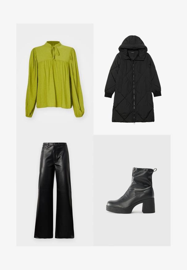 Črna prešita puffer jakna s kapuco, ki ima zadrgo, stranske žepe in elastične manšete. Gladek, vodoodporen material.; Zelena bluzica z dolgimi rokavi in visokim ovratnikom ter detajlom za zavezovanje. Teksturovan material z nabranim, ohlapnim krojem in elastičnimi manšetami.; Črne široke hlače iz umetnega usnja z visokim pasom, sprednjim gumbom, zadrgo, zanke za pas in stranskimi žepi na beli podlagi.; Črne gležnjarje iz gladke kože z božnim zadrgo, masivnim teksturiranim peto in zaobljeno obliko prstov.