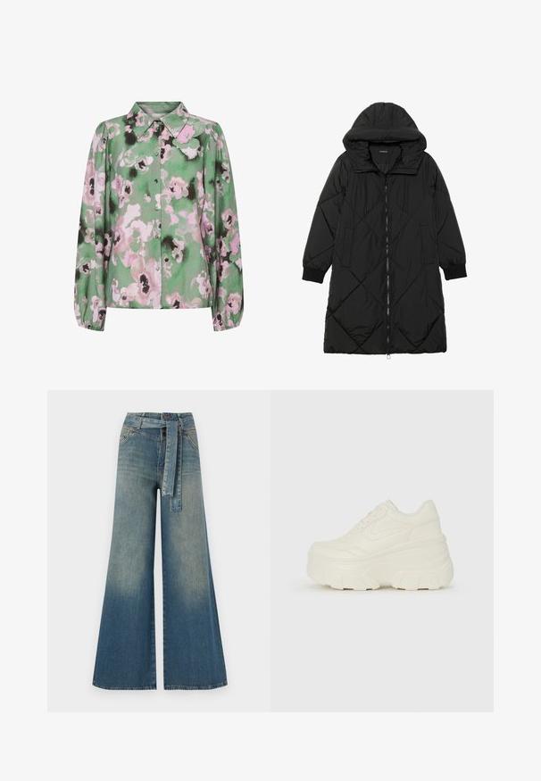 Cappotto imbottito nero trapuntato con cappuccio, caratterizzato da chiusura con zip, tasche laterali e polsini elastici. Tessuto liscio e resistente all'acqua.; Camicia verde con bottoni, caratterizzata da una stampa floreale in rosa e nero, con maniche lunghe e colletto classico. Tessuto morbido con una superficie liscia.; Pantaloni in denim a gamba larga con una sfumatura che va dal blu chiaro al blu scuro, vita alta, passanti per cintura e una cintura in tessuto coordinato. Finitura in denim strutturato.; Sneakers bianchi con piattaforma, caratterizzati da una parte superiore simile alla pelle liscia, forma arrotondata, collo imbottito e suola in gomma testurizzata con scanalature ben definite.