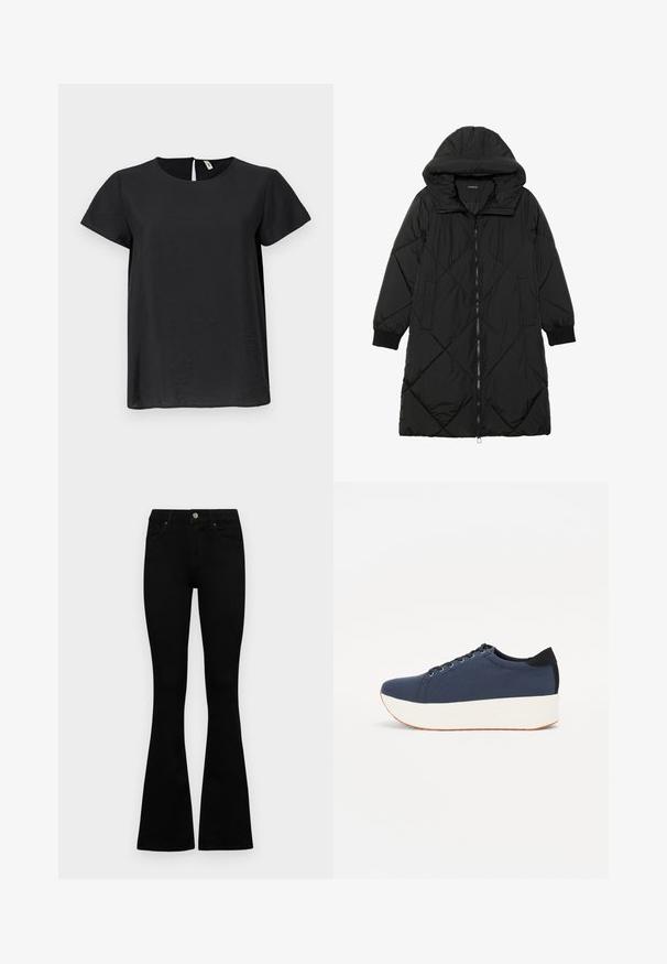 Fekete steppelt pufi kabát kapucnival, cipzáras záródással, oldalsó zsebekkel és elasztikus mandzsettákkal. Simább, vízlepergető anyag.; Fekete, rövid ujjú felső, kerek nyakkivágással és egyenes szabással. Finom fényű, hátsó részen kulcslyuk nyitással rendelkezik.; Fekete, magas derekú farmernadrág gomb- és cipzárzárral, elülső zsebekkel és harangszárral, laposan egy fehér háttérre terítve.; Sötétkék sportcipő, texturált szövet felsőrész, fehér platform talp, lekerekített orr és fekete sarok akcentussal. Hat fűzőlyuk található rajta.