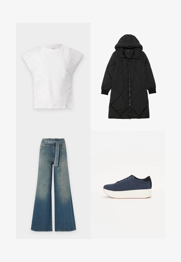 Black quilted puffer coat with a hood, featuring a zip closure, side pockets, and elastic cuffs. Smooth, water-resistant fabric.; White short-sleeve top featuring textured eyelet design, structured shoulders, and a round neckline. Lightweight fabric.; Wide-leg denim trousers featuring a light to dark blue gradient, high waist, belt loops, and a matching fabric belt. Textured denim finish.; Navy blue sneaker with a textured fabric upper, white platform sole, rounded toe, and black heel accent. Features six eyelets for laces.