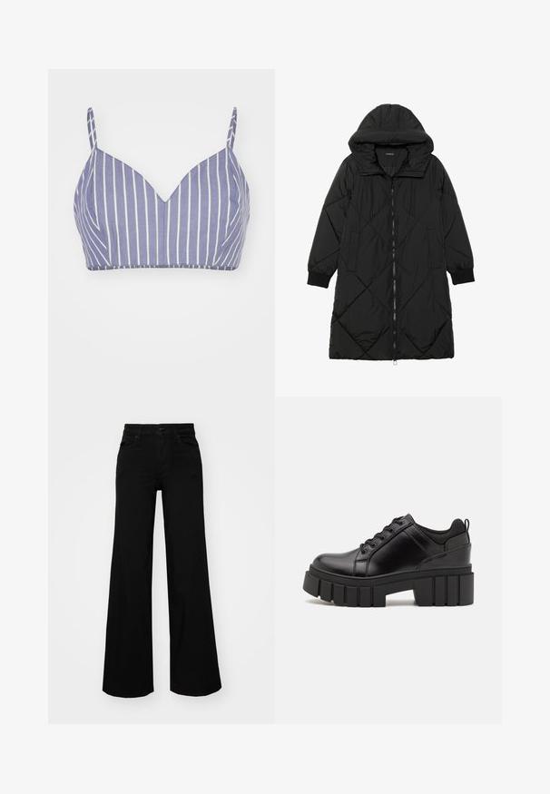 Svart quiltet puffjakke med hette, med glidelås, sidelommer og elastiske mansjetter. Glatt, vannavvisende stoff.; Bralett i lys lilla bomull med vertikale hvite striper, med V-hals design og tynne justerbare stropper. Glatt tekstur, tettsittende form.; Svart vide bukser laget av denim, med en strukturert midjebånd, beltestropper og frontlommer. Glatt tekstur med et klassisk design.; Svarte lærplattformsko med kraftig blokkhell, rund tå og tradisjonell snøring. Har en jevn tekstur og minimal detaljering.
