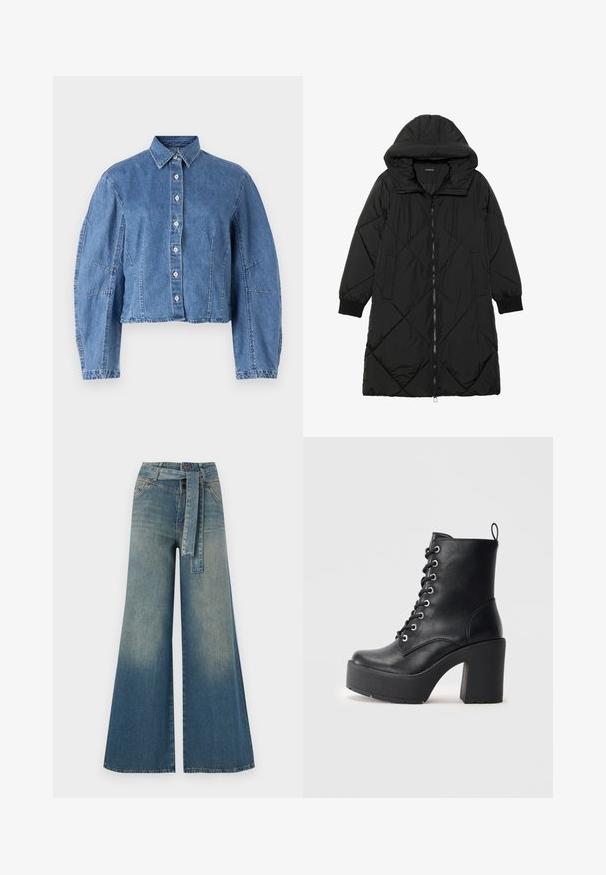 Juodas siūtais pūkų paltas su gobtuvu, turintis užtrauktuką, šonines kišenes ir elastines rankoves. Lygus, vandeniui atsparus audinys.; Šviesiai mėlynos spalvos trumpa džinsinė striukė, su mygtukų užsegimu priekyje, smailiu apykakle ir pūstu rankovėmis bei šoninėmis siūlėmis.; Platus džinsinis kelnes su šviesiai tamsiai mėlynu gradientu, aukštu juosmeniu, diržo kilpomis ir atitinkančiu audinio diržu. Textūruotas džinsinis paviršius.; Juodas odinis kulkšninis botas su masyviu padu, raišteliais priekyje ir tekstūruota paviršiumi. Ant jo užpakalinės pusės yra kilpytė, skirta patogiam užsidėjimui.