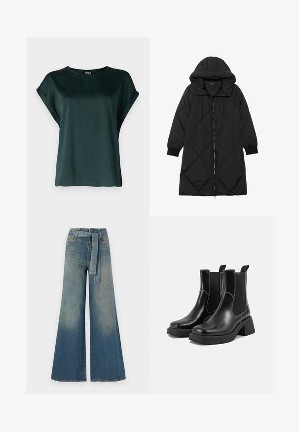 Must-havesinise mustris quiltitudis puffer jakk, millel on kapuuts, tõmblukk, küljetaskud ja elastsed varrukad. Sile, veekindel kangas.; Tumedate roheline blouse lihtsa disainiga, valmistatud siledast kangast. Omab lühikesi, rullitud varukaid ja ümmargust kaelust.; Laiad denimpüksid, millel on hele tume sinine gradiendiefekt, kõrge vöökoht, vöökumlid ja sobivast kangast vöö. Struktureeritud denimi viimistlus.; Must musta Chelsea saapad, millel on paks konts, elastsed külgpaneelid ja kontrastne valge õmblus. Tekstuuriga viimistlus.