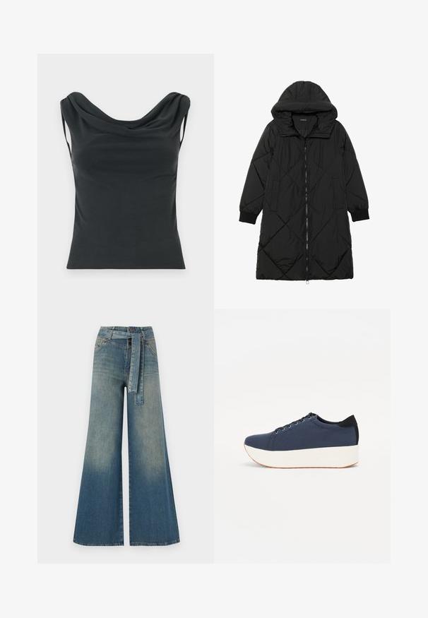 Musta tikattu puhvittakki hupulla, jossa on vetoketjukiinnitys, sivutaskut ja elastiset hihansuut. Sujuva, vettä hylkivä kangas.; Mustaton hihaton toppi, jossa on roikkuva kaula-aukko ja tiukka siluetti. Valmistettu sileästä kankaasta, joka on pehmeä kosketukseltaan.; Yksiväriset farkut leveällä lahkeella, joissa on vaaleasta tummansiniseen häipyvä väri, korkea vyötärö, vyölenkit ja yhteensopiva kangasvyö. Rakennefarkkujen pinta.; Sotilaspunainen tennari, jossa on teksturoitu kangasyläosa, valkoinen alustan pohja, pyöreä kärki ja musta kantapääkorostus. Varustettu kuudella nyörille tarkoitetulla reikällä.