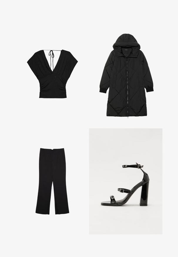 Čierna prešívaná páperová bunda s kapucňou, so zipsom, bočnými vreckami a elastickými manžetami. Hladká, vodeodolná tkanina.; Čierny top s hlbokým výstrihom do V, krátkymi širokými rukávmi a zhromaždenou textúrou v oblasti pásu so zaväzovaním na chrbte. Mäkký materiál.; Čierne nohavice so strihom rovného strihu, s prednými vreckami a bočnými rozparkami na leme. Vyrobené z mäkkej, hladkej tkaniny. Vhodné na rôzne príležitosti.; Čierne lakované sandále na podpätku so štvorcovou špičkou, navlečenými remienkami okolo členku a striebornými prackami. Disponujú masívnym blokovým podpätkom pre stabilitu.