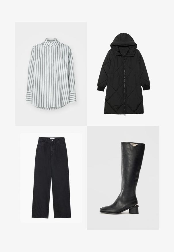 Čierna prešívaná páperová bunda s kapucňou, so zipsom, bočnými vreckami a elastickými manžetami. Hladká, vodeodolná tkanina.; GAP BIG STRIPES BIG CUFF BIG COLLAR - Blúzka so zapínaním na gombíky - green; Čierne džínsy s vysokým pásom a širokými nohavicami, s predným zapínaním na gombík a zips, pútka na opasok a piatimi vreckami.; Čierne kožené čižmy po kolená s hladkým povrchom, so štvorcovou špičkou a stredným blokovým podpätkom s kovovým akcentom na podpätku.