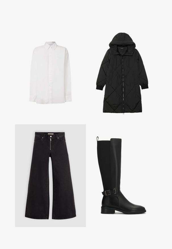 Schwarze, gesteppten Puffermantel mit Kapuze, ausgestattet mit einem Reißverschluss, seitlichen Taschen und elastischen Bündchen. Glattes, wasserabweisendes Material.; Weißes langärmliges Hemd aus Baumwolle. Beinhaltet einen Button-Down-Kragen, Frontknöpfe und einen geraden Saum. Subtile Markenkennzeichnung auf der Brust.; Schwarze Denim-Jeans mit weitem Bein, Reißverschluss vorne, Fünf-Taschen-Design und dezenten Stickdetails. Glatte Textur und lässiger Stil.; Schwarze Leder-Stiefel bis zum Knie mit glatter Oberfläche, runder Zehenpartie und einem dekorativen Riemen mit Schnalle am Knöchel. Sie verfügen über einen niedrigen Blockabsatz.