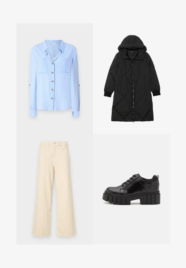 Casaco puffer acolchoado preto com capuz, apresentando um fecho de correr, bolsos laterais e punhos elásticos. Tecido suave e à prova d'água.; Camisa de manga longa azul clara com riscas brancas verticais, dois bolsos no peito e botões castanhos à frente. Tecido suave com uma textura lisa.; Jeans de perna larga bege feitos de algodão. Apresentam um fecho de botão, passadores para cinto e bolsos frontais com uma textura lisa e suave.; Sapatos de plataforma em couro preto com um salto bloco robusto, bico redondo e design clássico de atacadores. Apresentam uma textura suave e detalhes mínimos.