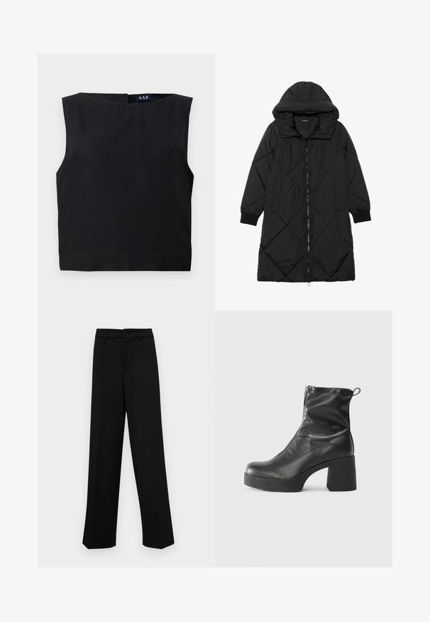 Black quilted puffer coat with a hood, featuring a zip closure, side pockets, and elastic cuffs. Smooth, water-resistant fabric.; Black sleeveless top with a wide neckline and straight cut. Made of a smooth fabric, featuring a back closure and minimal design.; Black wide-leg trousers made of smooth fabric, featuring a classic waistband with a button closure and front pleats.; Black ankle boots made of smooth leather, featuring a side zipper, chunky textured heel, and rounded toe design.