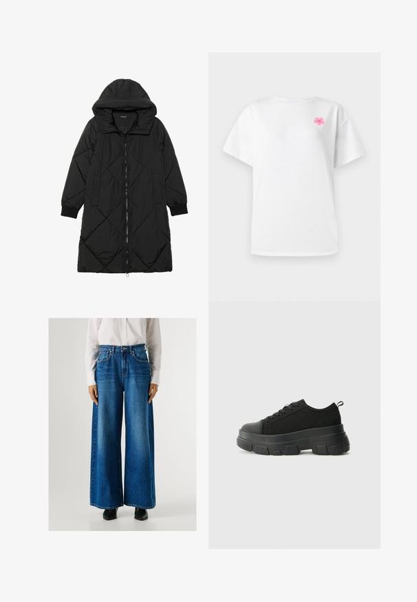 Geacă puffer neagră, matlasată, cu glugă, având închidere cu fermoar, buzunare laterale și manșete elastice. Material neted, rezistent la apă.; Tricou alb cu mânecă scurtă, realizat din bumbac, cu un decolteu rotund, având un mic design floral roz în zona stânga a pieptului.; Jeans largi de culoare albastră, cu talie înaltă, din denim, având buzunare frontale și închidere cu nasture. Textură netedă cu o spălare clasică.; Adidași negri cu talpă groasă din cauciuc, superior din material texturat, bot rotund și design cu șireturi. Include gauri întărite pentru șireturi și o buclă pe spate.