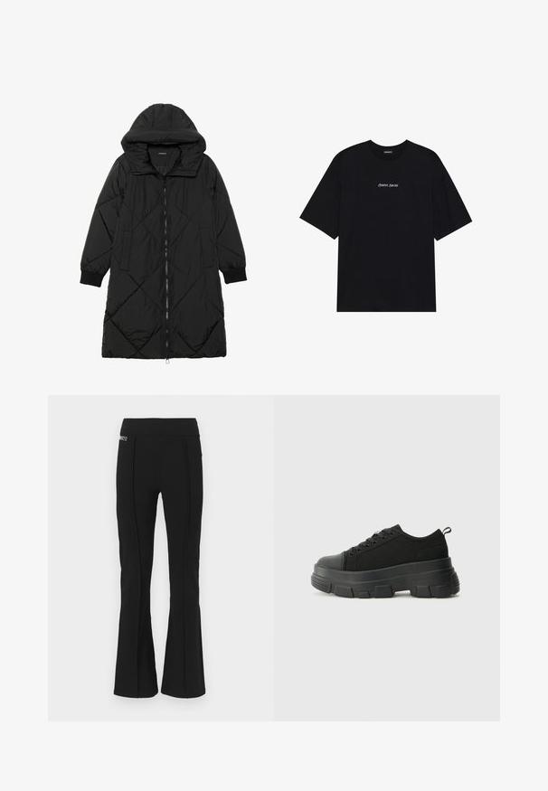 Svart quiltet puffjakke med hette, med glidelås, sidelommer og elastiske mansjetter. Glatt, vannavvisende stoff.; Svart bomull T-skjorte med løs design. Har korte ermer og rund hals. Teksten "Positive Sincere" i hvitt sentrert på forsiden.; Sorte høyhalsede bukser med bred bunn, front sømdetaljer og en liten merkepatch på øvre venstre side.; Svarte sneakers med en kraftig gummisåle, teksturert stoffoverdel, rund tå og snøring. Har forsterkede snørehull og bakre trekkstang.