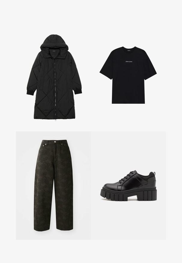 Melnas quiltētas pūkara mētelis ar kapuci, ar rāvējslēdzēja aizdari, sānu kabatām un elastīgām aprocēm. Gluda, ūdensizturīga auduma.; Melna kokvilnas T-krekls ar brīvu dizainu. Iezīmē īsas piedurknes un noapaļotu kakla izgriezumu. Uz priekšpuses centrā ir balts uzraksts "Pozitīvs, Sirsnīgs".; Tumši zaļi platajiem kājām bikses ir ar teksturētu ziedu rakstu, piecu kabatu dizainu un metāla pogu aizdari viduklī.; Melnas ādas platformas kurpes ar masīvu bloku papēdi, apaļu purngalu un tradicionālu saistīšanas dizainu. Izceļas ar gludu tekstūru un minimālu apdari.