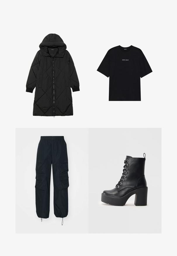 Juodas siūtais pūkų paltas su gobtuvu, turintis užtrauktuką, šonines kišenes ir elastines rankoves. Lygus, vandeniui atsparus audinys.; Juodas medvilninis trikotažas su laisvu dizainu. Yra trumpomis rankovėmis ir apvaliu kaklu. Tekstas "Teigiamas Nuoširdus" baltu spalva centravimas priekyje.; Juodi cargo kelnės, pagamintos iš lengvo audinio, su keliais šoninėmis kišenėmis, elastingu liemeniu ir reguliuojamais apatinių kraštų kraštais.; Juodas odinis kulkšninis botas su masyviu padu, raišteliais priekyje ir tekstūruota paviršiumi. Ant jo užpakalinės pusės yra kilpytė, skirta patogiam užsidėjimui.