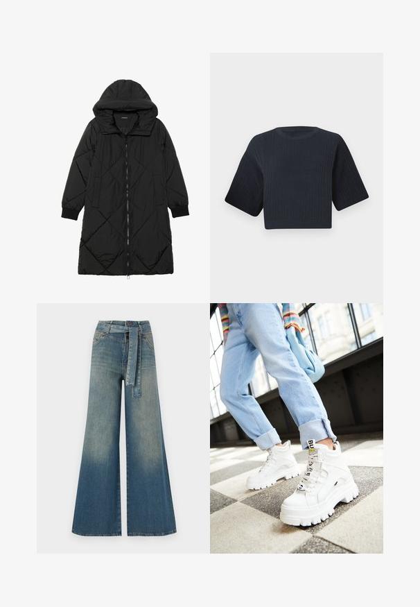 Svart vadderad jacka med huva, med dragkedja, sidofickor och elastiska ärmslut. Slät, vattenavvisande tyg.; Mörk marinblå kort stickad tröja med ribbad textur, korta vida ärmar och rund halsringning. Enkelt design, inga synliga mönster eller detaljer.; Breda denimbyxor med en ljus till mörkblå gradient, hög midja, bälteshällor och ett matchande tygbälte. Texturerad denimfinish.; Vita chunky sneakers med tjocka sulor, snörning fram, och en märkesetikett. Bärs med ljusblå uppvikt jeans på ett mönstrat golv.