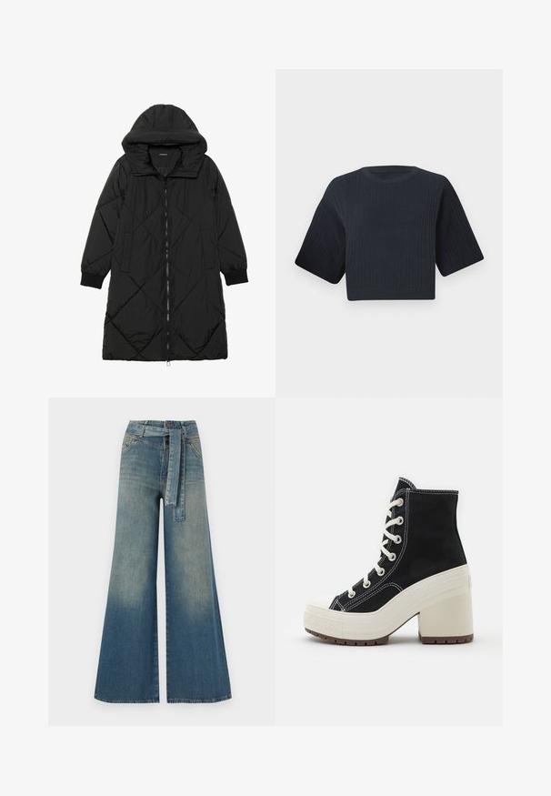 Cappotto imbottito nero trapuntato con cappuccio, caratterizzato da chiusura con zip, tasche laterali e polsini elastici. Tessuto liscio e resistente all'acqua.; Maglione cropped in nave blu scuro con texture a coste, maniche corte e ampie, e scollatura rotonda. Design semplice, senza motivi o accenti visibili.; Pantaloni in denim a gamba larga con una sfumatura che va dal blu chiaro al blu scuro, vita alta, passanti per cintura e una cintura in tessuto coordinato. Finitura in denim strutturato.; Stivale alto nero con lacci bianchi, tessuto testurizzato, suola a piattaforma crema e tacco a blocco. Caratterizzato da cuciture bianche e punta in gomma.