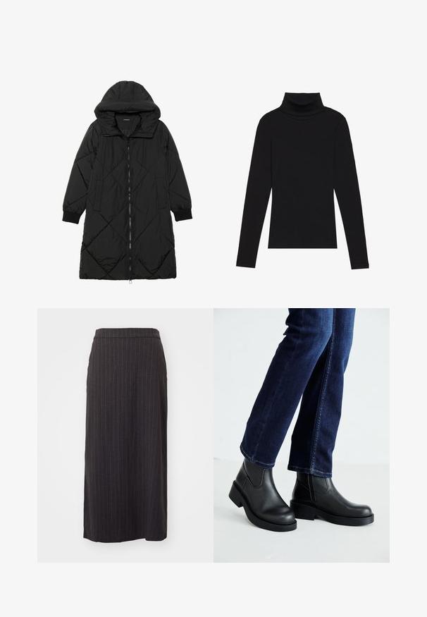 Casaco puffer acolchoado preto com capuz, apresentando um fecho de correr, bolsos laterais e punhos elásticos. Tecido suave e à prova d'água.; Top de gola alta de manga longa, preto, feito de tecido canelado, apresenta um design justo com um decote elevado e sem padrões ou detalhes.; Saia midi preta riscada com um silhueta reta, apresentando uma textura suave e uma faixa na parte superior. Inclui detalhe de racha lateral.; Botas de tornozelo de couro preto com sola grossa e painéis elásticos laterais, combinadas com jeans azul escuro. O chão é de cor clara.