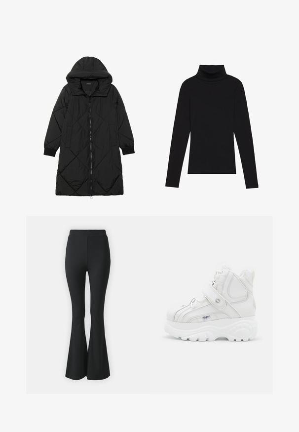 Casaco puffer acolchoado preto com capuz, apresentando um fecho de correr, bolsos laterais e punhos elásticos. Tecido suave e à prova d'água.; Top de gola alta de manga longa, preto, feito de tecido canelado, apresenta um design justo com um decote elevado e sem padrões ou detalhes.; Calças pretas de boca de sino feitas de tecido elástico. Apresentam uma cintura alta e um design suave e ajustado que se alarga a partir do joelho para baixo.; Sapatilhas altas brancas, em pele, com uma faixa de fivela, bico redondo, sola grossa e detalhes de costura vertical.