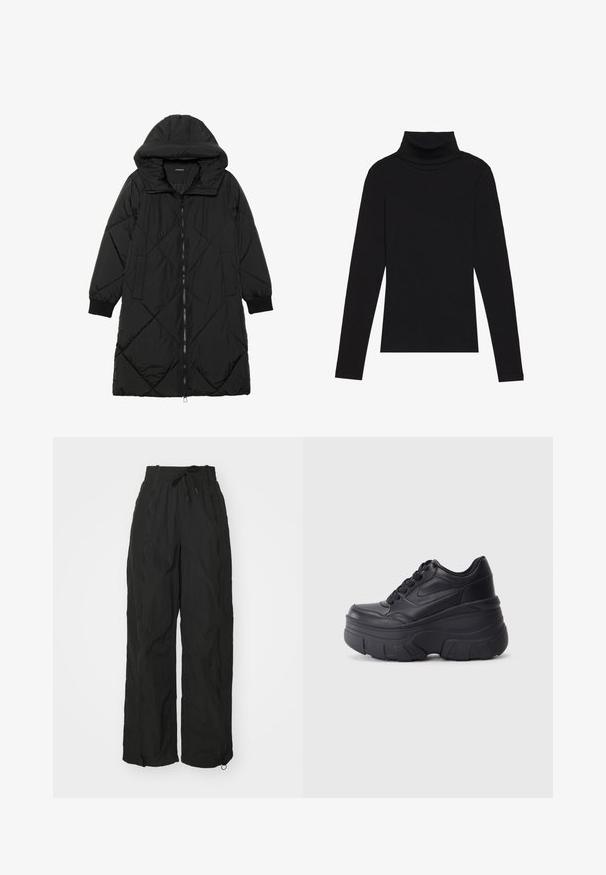 Sort quiltet pufferjakke med hætte, med lynlåslukning, sidelommer og elastiske manchetter. Glat, vandafvisende stof.; Sort højhalset bluse med lange ærmer, lavet af ribbet stof, har et tætsiddende design med en høj krave og uden mønstre eller detaljer.; Sorte, vide bukser lavet af let, tekstureret stof. Har en elastisk talje, snoretræk og lynlåsåbninger ved anklerne.; Sorte snørebåndssneakers med en kraftig sål, der har en glat læderoverdel, rund tå og et markant lagdelt plade-design.