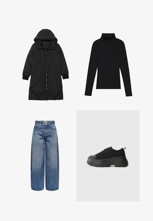 Svart quiltet puffjakke med hette, med glidelås, sidelommer og elastiske mansjetter. Glatt, vannavvisende stoff.; Svart høyhalset langermet topp, laget av ribbestrikket stoff, har en tettsittende design med høy hals og uten mønstre eller dekorasjoner.; Vide benedungsverden med middels blå denimjeans med høy midje, synlige sømmer, fem lommer og knappelukking foran.; Svarte sneakers med en kraftig gummisåle, teksturert stoffoverdel, rund tå og snøring. Har forsterkede snørehull og bakre trekkstang.