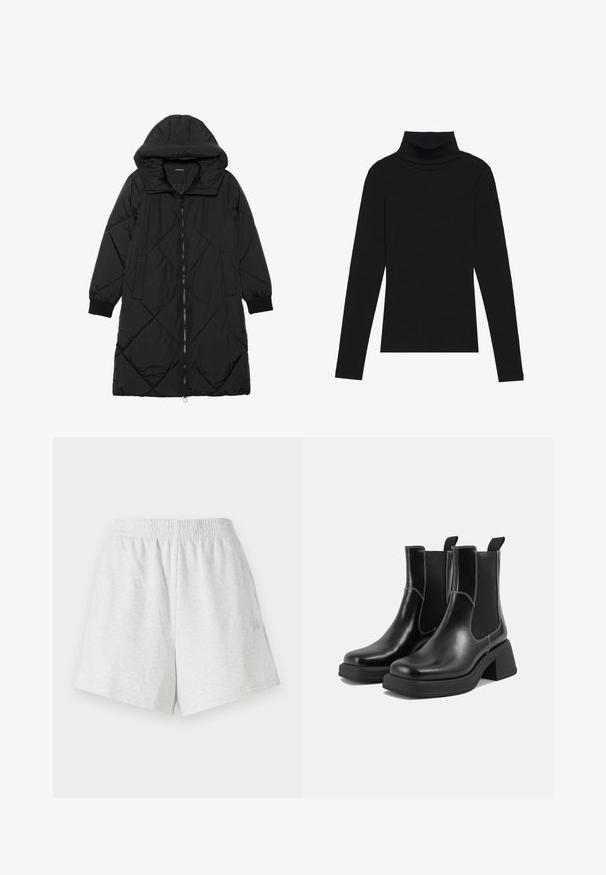 Melnas quiltētas pūkara mētelis ar kapuci, ar rāvējslēdzēja aizdari, sānu kabatām un elastīgām aprocēm. Gluda, ūdensizturīga auduma.; Melnā turtlenecka garām piedurknēm augšdaļa, izgatavota no ribotas auduma, ar pieguļošu piegriezumu, augstu kakla izgriezumu un bez rakstiem vai akcentiem.; Pelēki kokvilnas šorti ar elastīgu jostu, sānu šuvēm un bez redzamām kabatām. Mīksta tekstūra ar vienkāršu dizainu un bez rakstiem.; Melni ādas Čelsijas zābaki ar masīvu papēdi, elastīgām sānu panelēm un kontrastējošu balto šuvumu. Teksturēts apdare.