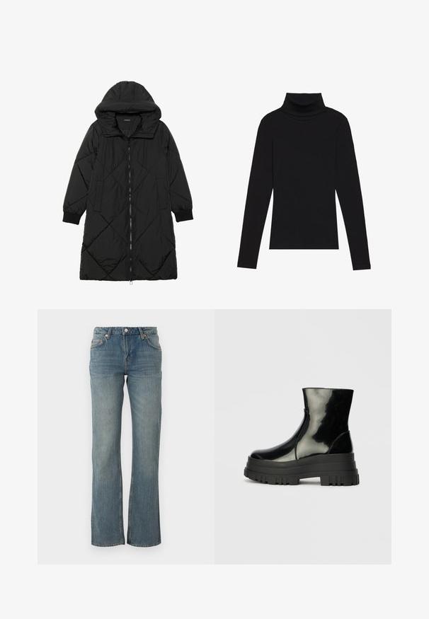 Juodas siūtais pūkų paltas su gobtuvu, turintis užtrauktuką, šonines kišenes ir elastines rankoves. Lygus, vandeniui atsparus audinys.; Juoda turtleneko ilgo rankovės viršutinė dalis, pagaminta iš raukšlėtos medžiagos, turi prigludusią formą, aukštą apykaklę ir neturi jokių raštų ar akcentų.; Šviesiai mėlynos džinsinės kelnės turi tiesų siluetą, penkių kišenių dizainą ir vario akcentus. Audinys turi šiek tiek tekstūruotą paviršių.; Juodas blizgus kulkšninis botas su storu iškilniu padu ir apvaliu pirštu, šoninis vaizdas ant vientiso šviesiai pilko fono.