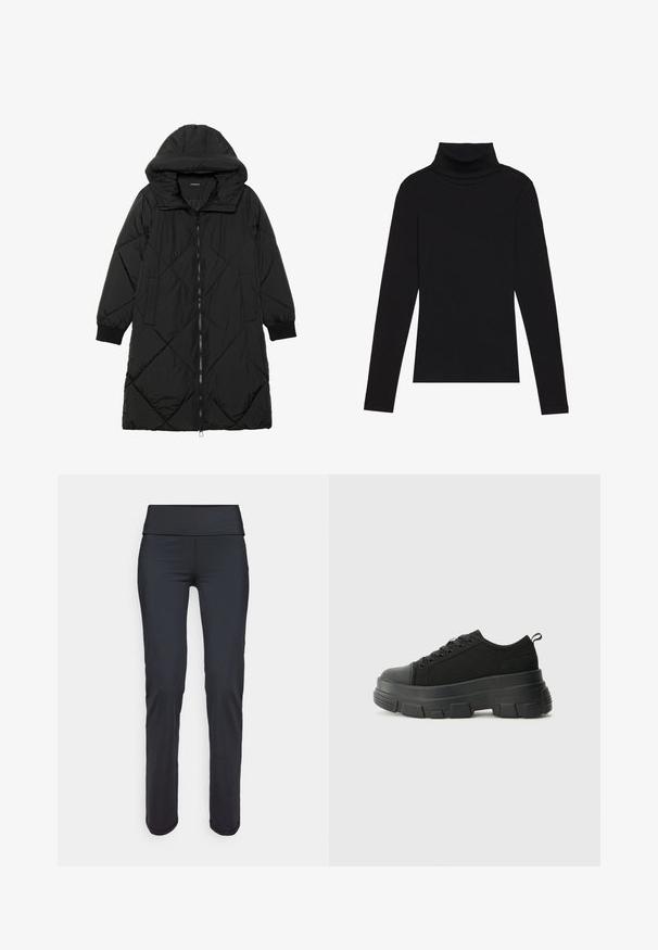 Black quilted puffer coat with a hood, featuring a zip closure, side pockets, and elastic cuffs. Smooth, water-resistant fabric.; Black turtleneck long-sleeve top, made of ribbed fabric, features a fitted design with a high neckline and no patterns or accents.; Black athletic leggings with a wide, smooth waistband. Made from a stretchy fabric, featuring a sleek, tapered design and no visible patterns.; Black sneakers with a chunky rubber sole, textured fabric upper, round toe, and lace-up design. Features reinforced eyelets and back pull tab.