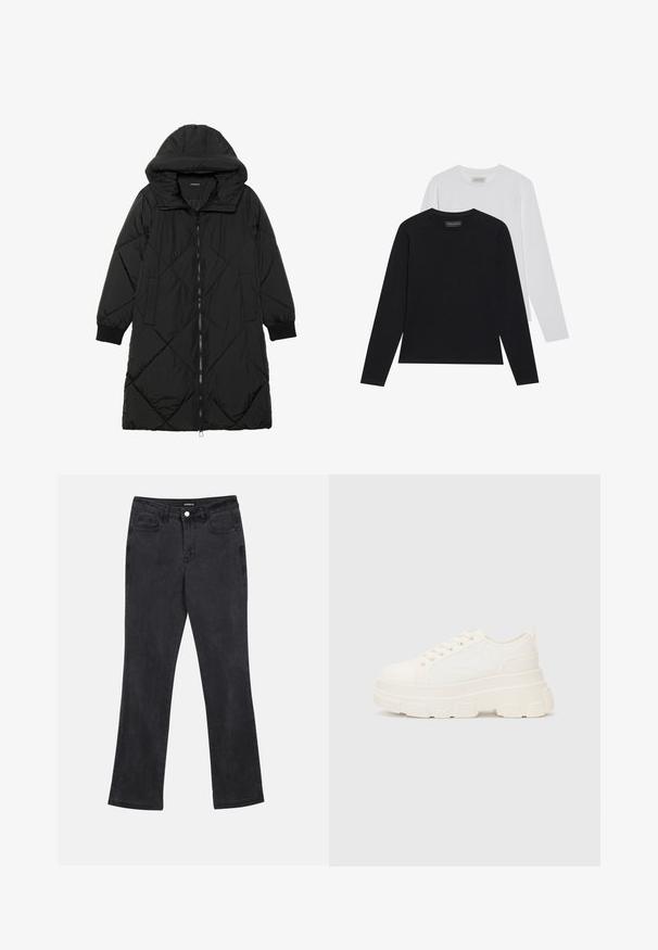 Černá prošívaná péřová bunda s kapucí, vybavená zipovým zapínáním, bočními kapsami a elastickými manžetami. Hladká, voděodolná tkanina.; Dvoje triček s dlouhým rukávem: jedno černé a jedno bílé. Obě mají kulatý výstřih a hladkou, žebrovanou strukturu. Na vnitřní straně výstřihu je viditelná značková etiketa.; Černé rovné džíny se zadními a předními kapsami, poutky na opasek a knoflíkovým zapínáním v pase.; Bílé plátěné tenisky s robustní podrážkou, zaoblenou špičkou a pěti otvory pro tkaničky. Zádový pásek pro snadné obouvání. Hladký povrch, minimalistický design.