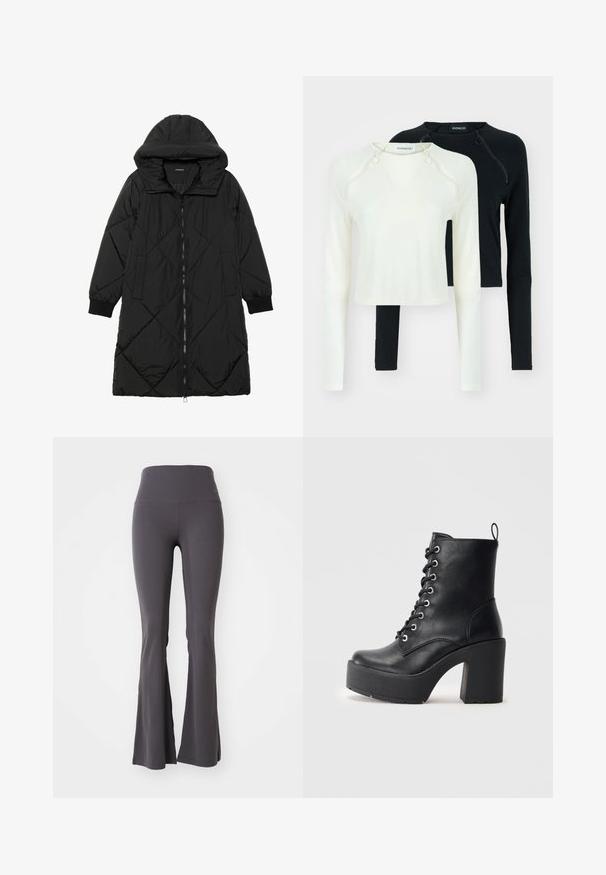 Melnas quiltētas pūkara mētelis ar kapuci, ar rāvējslēdzēja aizdari, sānu kabatām un elastīgām aprocēm. Gluda, ūdensizturīga auduma.; Divi garie piedurknēm, viens baltā un otrs melnā krāsā. Abiem ir apaļi kakla izcirtņi un dekoratīvas rāvējslēdzēja detaļas plecu daļā. Gluda auduma.; Pelēkas paplašinātas jogas bikses, kas izgatavotas no elastīga auduma. Augsts jostasvieta un gluda tekstūra, ar pieguļošu dizainu līdz zvana apakšai.; Melnas ādas potītes zābaki ar masīvu blokveida papēdi, auklu aizdari un teksturētu virsmu. Iekļauts aizmugurē esošs cilpiņas elements vieglai uzvilkšanai.