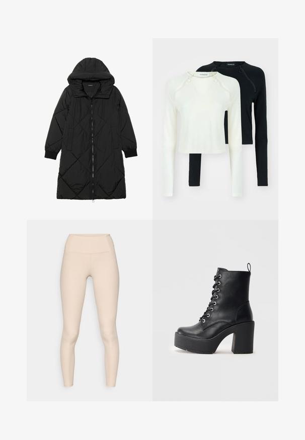 Black quilted puffer coat with a hood, featuring a zip closure, side pockets, and elastic cuffs. Smooth, water-resistant fabric.; Two long-sleeve tops, one in white and one in black. Both feature round necklines and decorative zippers at the shoulder. Smooth fabric.; Beige ribbed leggings with a high waistband. They feature a smooth texture and form-fitting design, without visible seams or logos.; Black leather ankle boot with a chunky block heel, lace-up front, and textured surface. Features a tab on the back for easy wear.