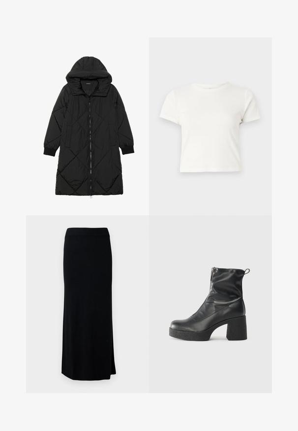 Black quilted puffer coat with a hood, featuring a zip closure, side pockets, and elastic cuffs. Smooth, water-resistant fabric.; Short white t-shirt made of cotton with short sleeves, a round neckline, and a straight hem, featuring a smooth texture and minimal design.; Black, long, knit skirt with a side slit. Features a stretchy waistband and smooth texture. Simple, fitted design. No visible patterns or accents.; Black ankle boots made of smooth leather, featuring a side zipper, chunky textured heel, and rounded toe design.