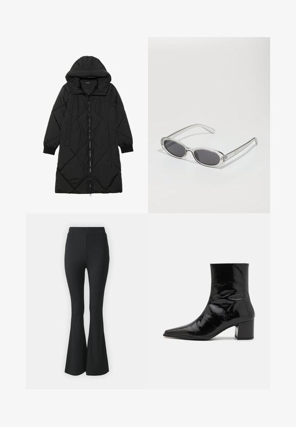 Casaco puffer acolchoado preto com capuz, apresentando um fecho de correr, bolsos laterais e punhos elásticos. Tecido suave e à prova d'água.; T-shirt branca curta feita de algodão, com mangas curtas, um decote redondo e uma bainha reta, apresentando uma textura suave e um design minimalista.; Calças pretas de boca de sino feitas de tecido elástico. Apresentam uma cintura alta e um design suave e ajustado que se alarga a partir do joelho para baixo.; Bota de tornozelo em couro preto com acabamento envernizado, bico pontiagudo, parte superior estruturada e um salto robusto. Apresenta uma textura lisa e brilhante.; Óculos de sol com formato oval, armação de plástico transparente, lentes cinza-escuro e hastes finas transparentes com detalhes do logótipo e um design minimalista.